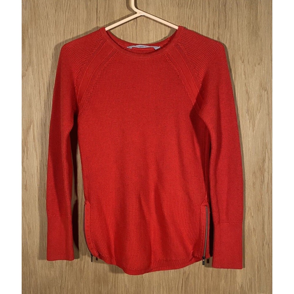 Athleta Bright Red Orange Knit Sweater Zipper Sides Athletic Yoga Women's Sz XXS